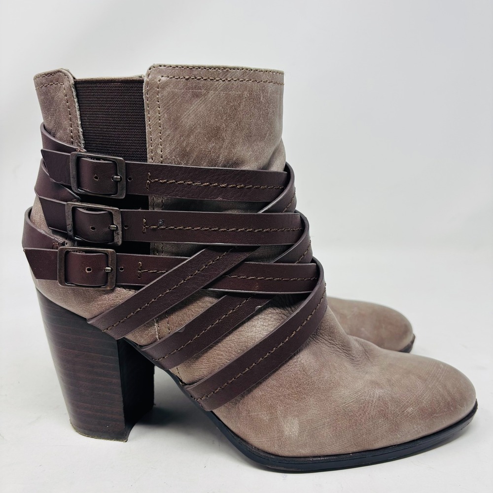 Sofft Strappy Ankle Boots Size 9.5M Taupe Leather Braided‎ Buckle Strap Heeled - Picture 5 of 14